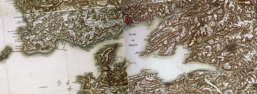 Carte de Cassini (XVIIIe siècle) centrée sur la rade de Brest. Source: Geoportail